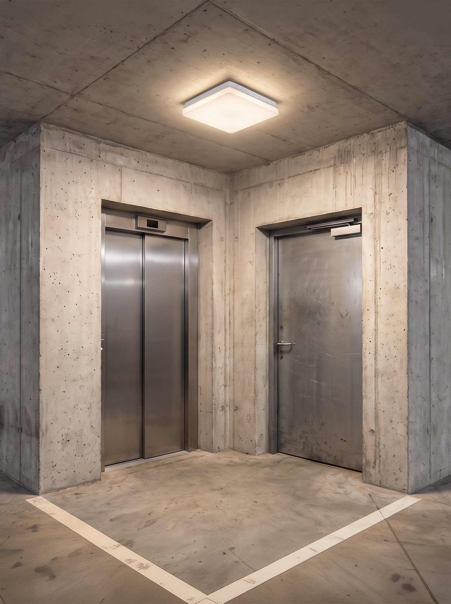 ISIGO Anbauleuchte in einer Tiefgarage aus Sichtbeton